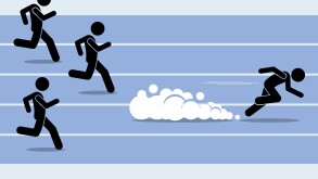 Fast runner sprinter overtaking everybody in a race track field event. Vector artwork depict winner, fastest, champion, and dominance.