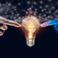 Artificial intelligence (AI) Machine Learning, robot and human hands touching on big data network connection background, science and technology artificial intelligence, innovation and futuristic.