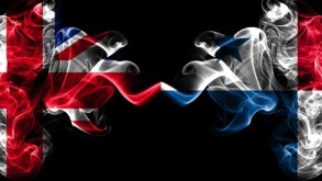 United Kingdom vs Panama smoky mystic flags placed side by side. Thick colored silky smoke flags of Great Britain and Panama.