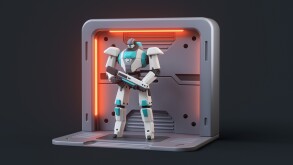 Futuristic cartoon battle robot with white blue color armor with gun in his hands stands protecting the entrance to metal sci-fi gate with an orange glow. Patrol cyber cop. 3d render on gray backdrop.