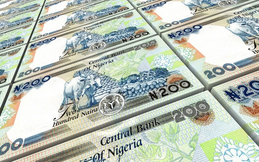 Nigerian nairas bills stacked background. 3D illustration.