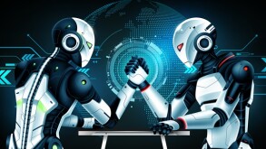 Two advanced artificial intelligence humanoid robots arm wrestling in front of a digital globe, symbolizing global AI competition rivalry and power dynamics, vector illustration