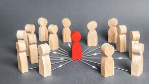 The red person is connected with employees by wide network of lines. At the center of a complex large system. Communication social. Cooperation, collaboration. Project leadership personnel management