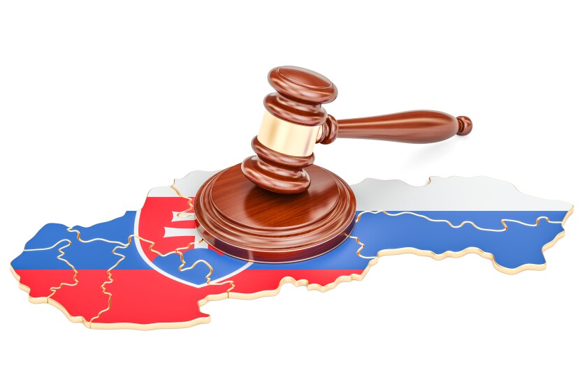 Wooden Gavel on map of Slovakia, 3D rendering