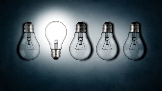 Illuminated lightbulb amid dim bulbs
