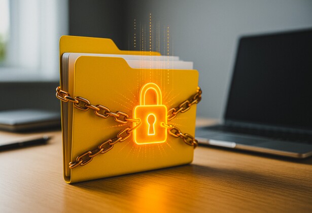 Data Fortress: A conceptual rendering of digital security with a file folder under lock and chain, evoking the ideas of confidentiality and digital safety.