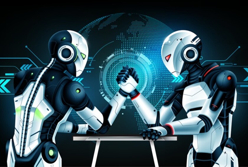 Two advanced artificial intelligence humanoid robots arm wrestling in front of a digital globe, symbolizing global AI competition rivalry and power dynamics, vector illustration