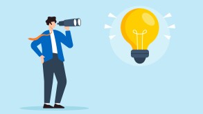 Flat illustration of businessman looking through binoculars at lightbulb idea seeking to discover new solutions and opportunities