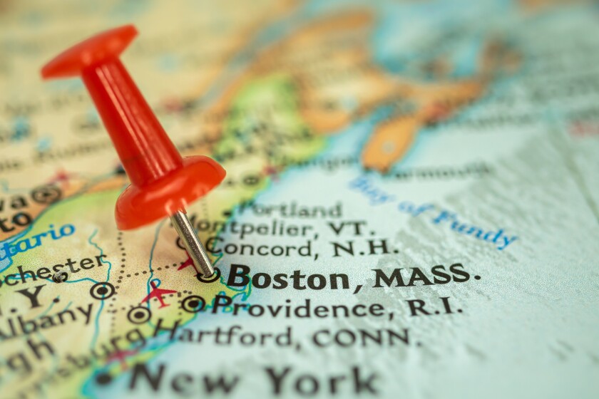 Location Boston city in Massachusetts, map with red push pin pointing close-up, USA, United States of America
