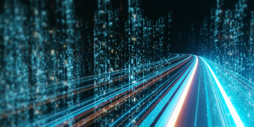 3D Rendering of abstract highway path through digital binary towers in city. Concept of big data, machine learning, artificial intelligence, hyper loop, virtual reality, high speed network. 