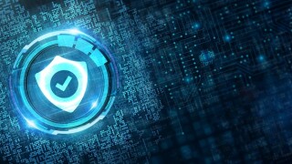 Cyber security data protection business technology privacy concept. Young businessman  select the icon security on the virtual display.