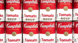 Los Angeles, CA/USA 6-21-2021 Can tins of Campbell's brand tomato soup full frame in a row