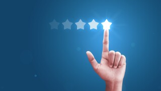 Customer hand review feedback five star rating service or product quality positive ranking background of best evaluation user experience success business rate and finger point satisfaction 5 score.