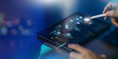 Money exchange abroad with business data ai technology. Concept for digital money transfer banking and world economic financial investment trading. 3D illustration banner.