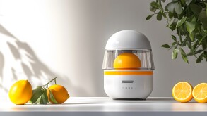 An electric citrus juicer with a compact design, placed on a plain white surface for a sharp presentation.