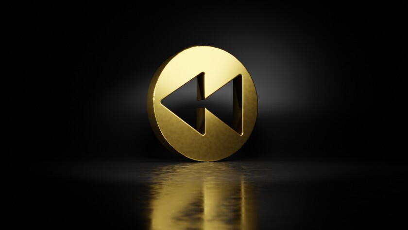 gold metal symbol of rewind  3D rendering with blurry reflection