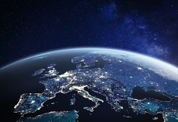 Europe viewed from space at night with city lights in European Union member states, global EU business and finance, satellite communication technology, 3D render of planet Earth, world map from NASA