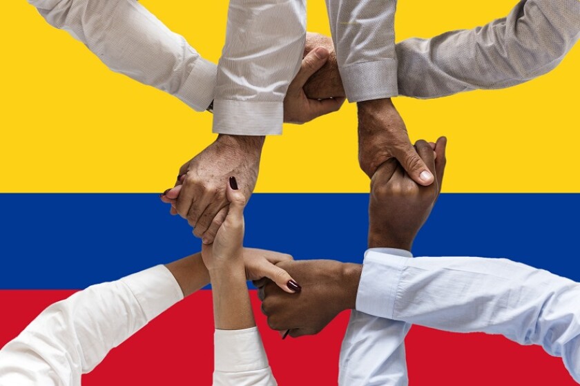 Colombia flag, intergration of a multicultural group of young people