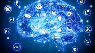 Machine learning , artificial intelligence , ai , deep learning and future concept. Wireframe Brain connect with circuit electronic graphic , binary code and technology icons background.Blue tone