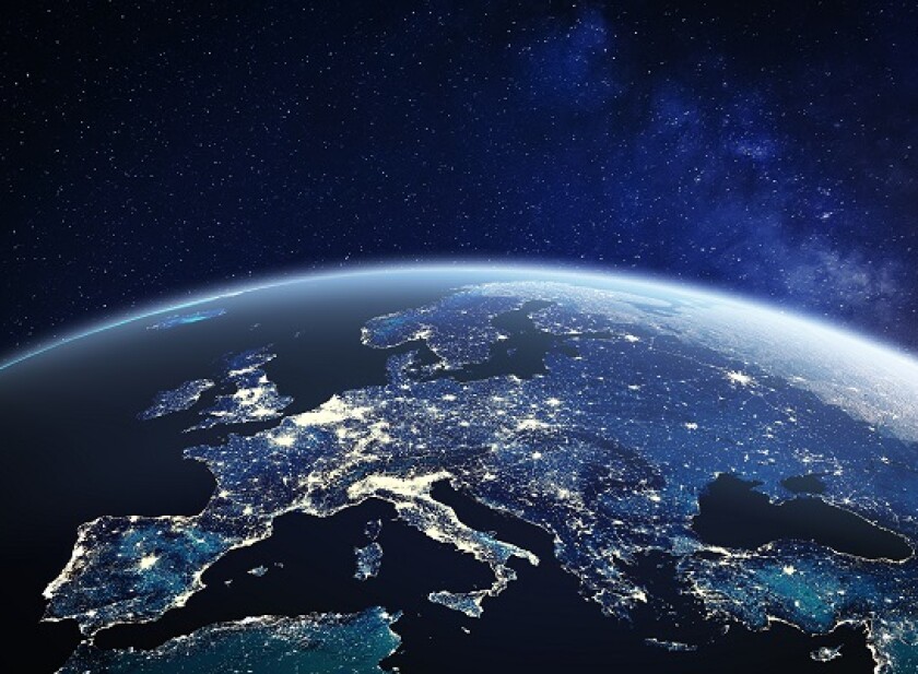 Europe viewed from space at night with city lights in European Union member states, global EU business and finance, satellite communication technology, 3D render of planet Earth, world map from NASA