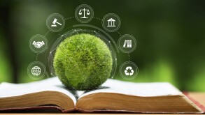 Environment Law. Green globe placed on a law book with icons. law for principles of sustainable environmental conservation.environmental protection and eco-friendly legislation law. International Law