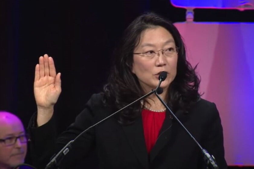 Judge Lucy Koh of the Northern District of California - one of Biden's nominees for the Ninth Circuit - speaking at the naturalisation ceremony at the 2017 NCSS Annual Conference