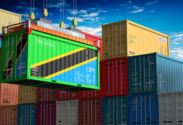 Freight shipping container with flag of Tanzania on crane hook - 3D illustration