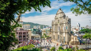 Ruins of Saint Paul's Catholic Church with tourists. They are one of Macau's famous landmarks.