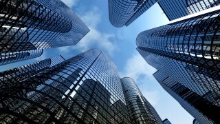 Reflective skyscrapers, business office buildings.