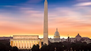 Dawn over Washington - with 3 iconic monuments illuminated at su