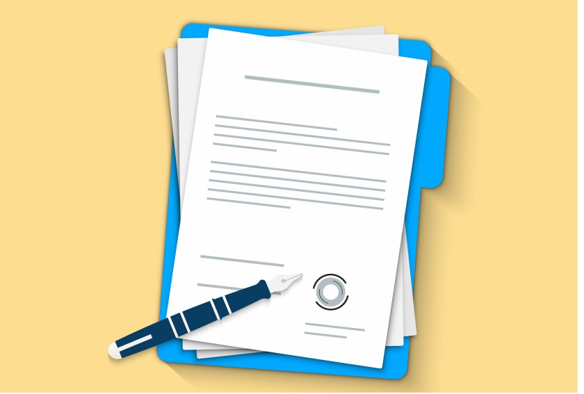 Document, folder with stamp and text. Contract papers. Document. Flat design. Contract icon agreement pen.