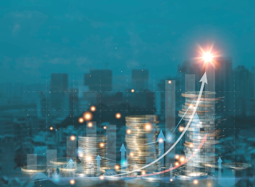 Double exposure Close up of rows of coins for finance and banking concept Coin finance investment diagram Savings for a growing business city background with coins is popular.