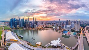 Panorama top view of Singapore City skyline at sunset.