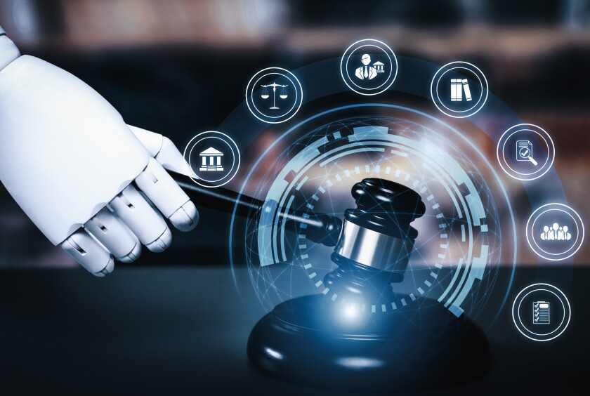 AI related law concept shown by savvy robot hand using lawyer working tools
