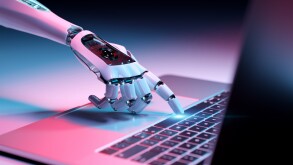 Robotic hand pressing a keyboard on a laptop 3D rendering