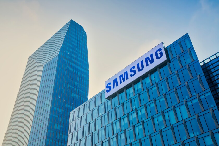 Samsung sign on headquarters building in Milan, Italy. The Samsu