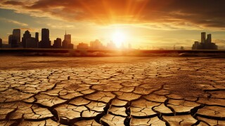 Dry land with cracks and city skyline at sunset.Climate change is causing a rapid transition to drought.El Nino Concept.