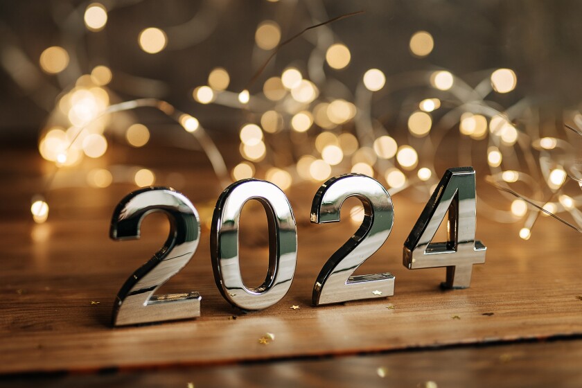 happy new year 2024 background new year holidays card with bright lights,gifts and bottle of hampagne