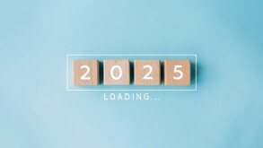 2025 New Year Loading. Loading bar with wooden blocks 2025 on blue background. Start new year 2025 with goal plan, goal concept, action plan, strategy, new year business vision.