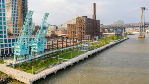 Domino Park in Brooklyn, Williamsburg, Old sugar factory. Aerial view.