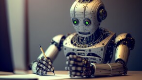 Chatgpt bot writing answers with pen on paper, Generative AI