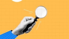 A collage on the subject of seo. Contemporary composition with a hand holding a magnifying glass. Attracting new users. Vector yellow background.