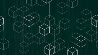 Modern digital blockchain pattern with binary data on dark green background