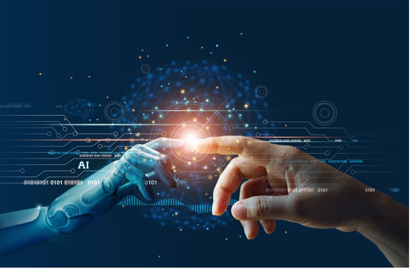 AI, Machine learning, Hands of robot and human touching on big d