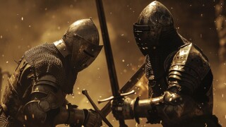 Two Armored Medieval Knights Fighting with Swords. Dark Ages Army Warfare. Action Battle of Armed Warrior Soldiers, Killing Enemy.