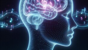 Music notes flowing through an AI-generated head