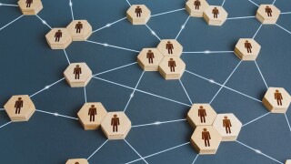 Network of interconnected people. Interactions between employees and working groups. Social business connections. Networking communication. Decentralized hierarchical system of company. Organization